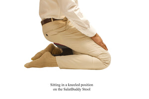 Sitting in kneeling position while using SalatBuddy SalatBuddy Contemporary Prayer and Poster Stool